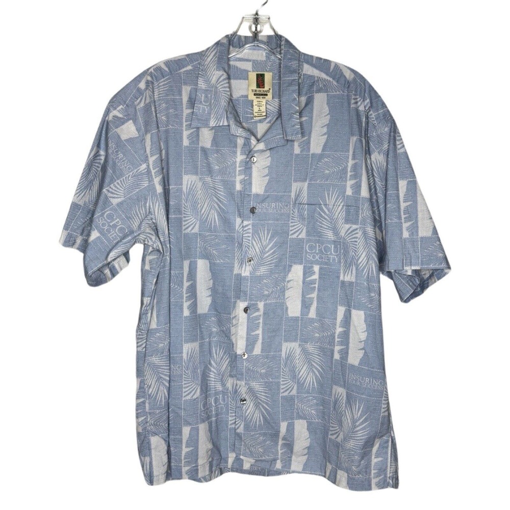 Tori Richard Shirt Mens Large Blue White CPCU Society Button Up Hawaiian‎ Shirt
